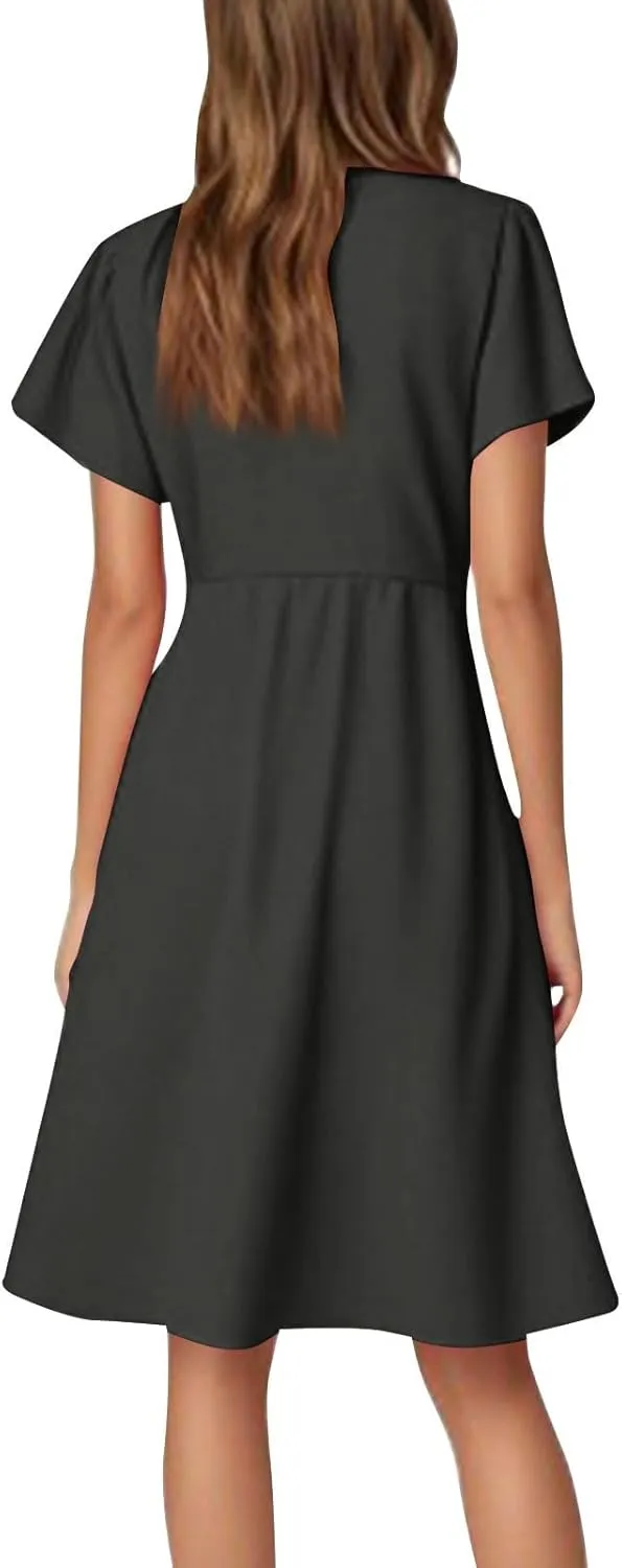 Women's Summer Dresses 2025 Casual V Neck Ruffle Sleeve Midi Casual Elegant Petite Dresses