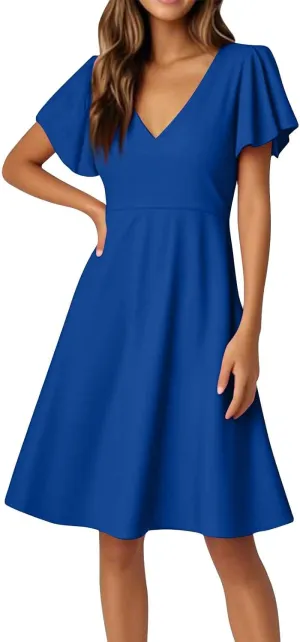 Women's Summer Dresses 2025 Casual V Neck Ruffle Sleeve Midi Casual Elegant Petite Dresses