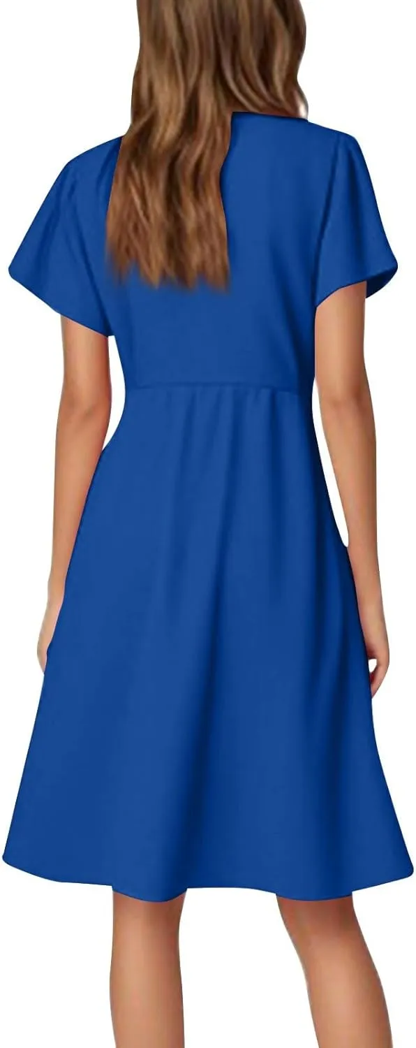 Women's Summer Dresses 2025 Casual V Neck Ruffle Sleeve Midi Casual Elegant Petite Dresses