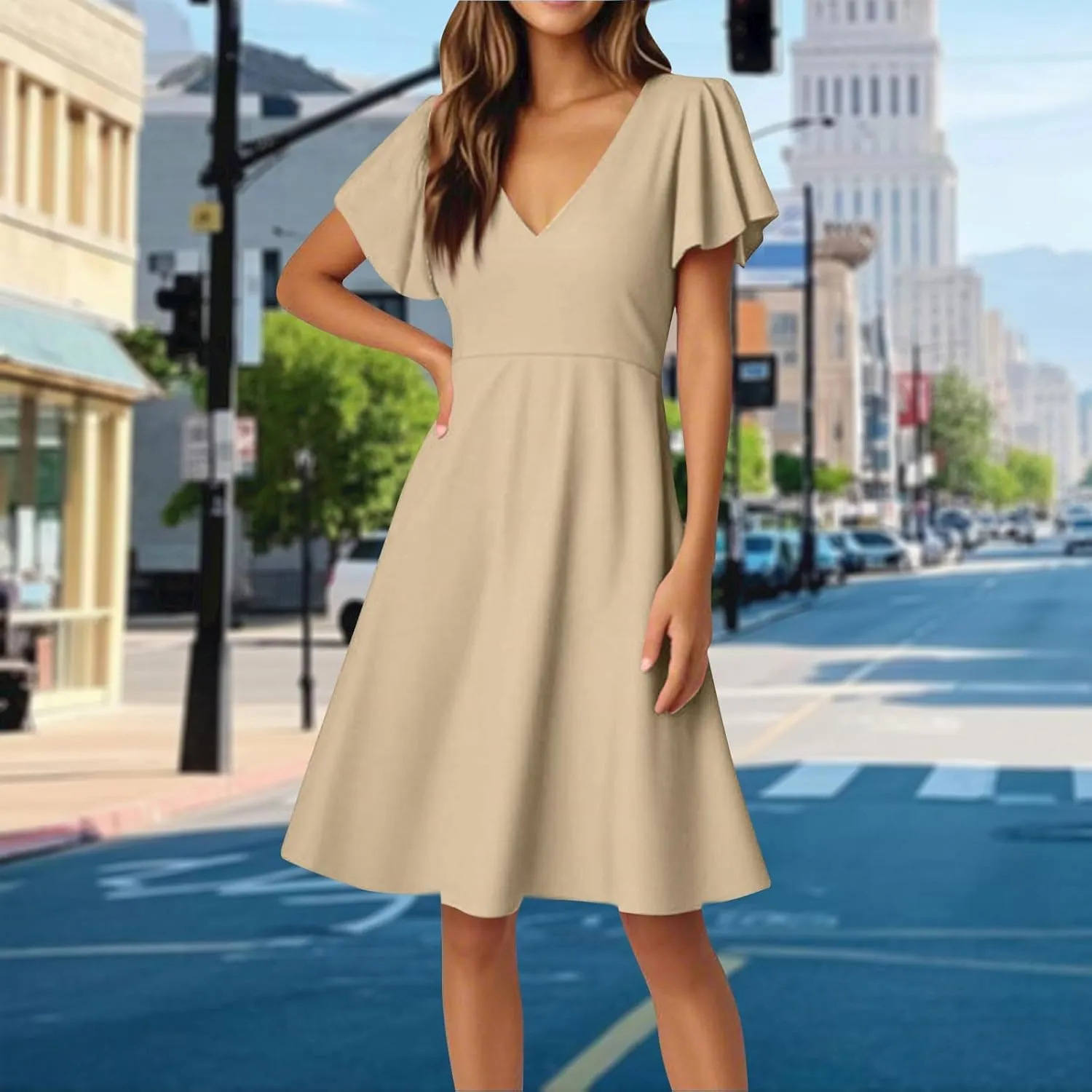 Women's Summer Dresses 2025 Casual V Neck Ruffle Sleeve Midi Casual Elegant Petite Dresses