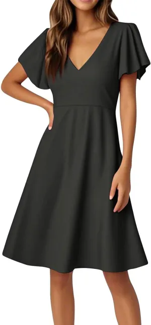 Women's Summer Dresses 2025 Casual V Neck Ruffle Sleeve Midi Casual Elegant Petite Dresses