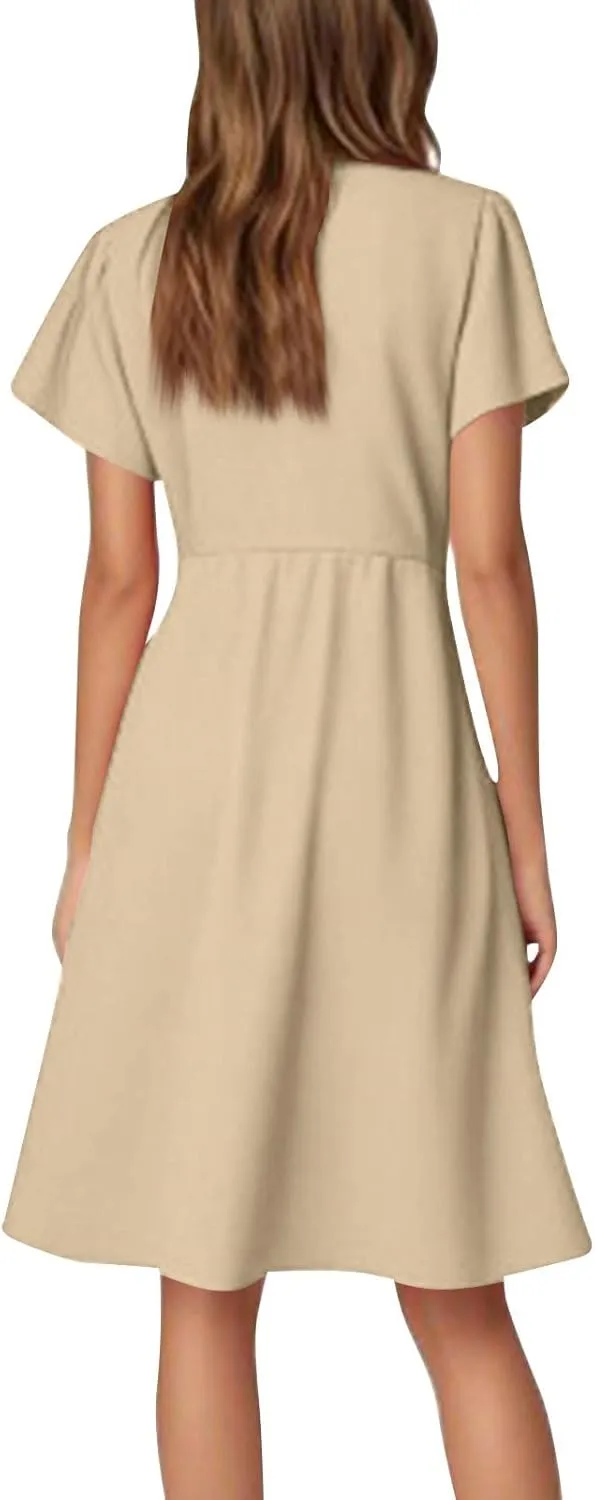 Women's Summer Dresses 2025 Casual V Neck Ruffle Sleeve Midi Casual Elegant Petite Dresses