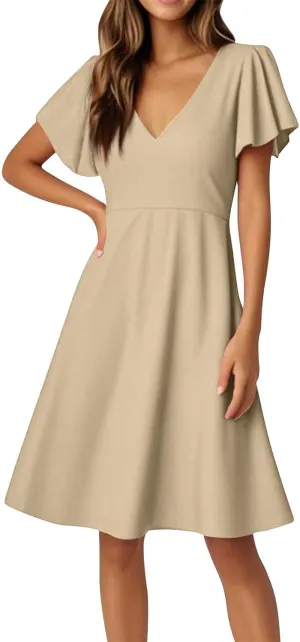 Women's Summer Dresses 2025 Casual V Neck Ruffle Sleeve Midi Casual Elegant Petite Dresses