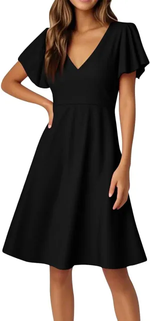 Women's Summer Dresses 2025 Casual V Neck Ruffle Sleeve Midi Casual Elegant Petite Dresses