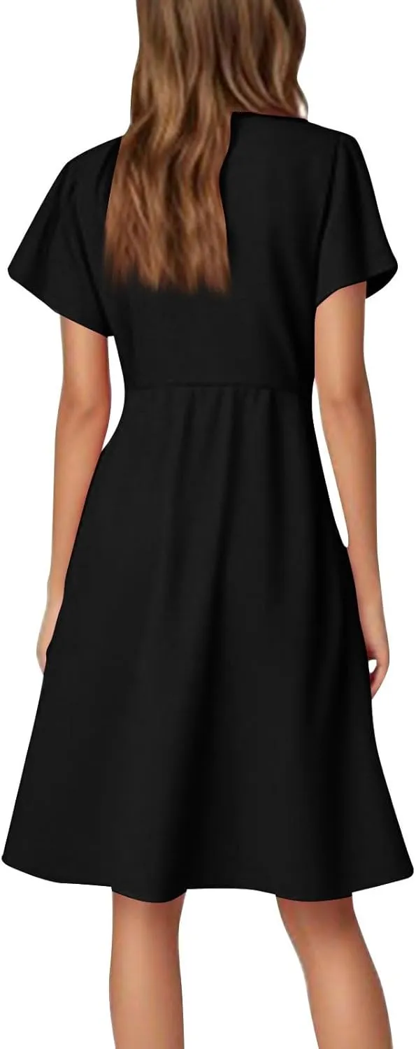 Women's Summer Dresses 2025 Casual V Neck Ruffle Sleeve Midi Casual Elegant Petite Dresses