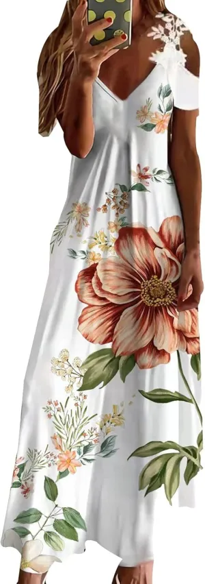 Women's Summer Dresses Boho Floral Print Loose Casual V-Neck Short Sleeve Long Maxi Dress 2024 Casual, S-3XL