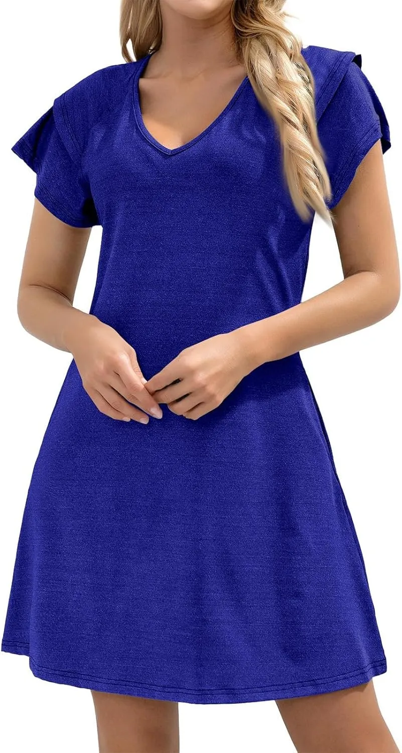 Women's Summer Dresses Ruffle Sleeve Sundresses Casual Beach Mini Dresses with Pockets Casual Maxi Dresses for