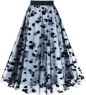 Women's Summer Floral High Waist Pleated Skirts Classic 2024 Comfortable Retro Mesh Mid-Calf Skirt with Wedding Guest