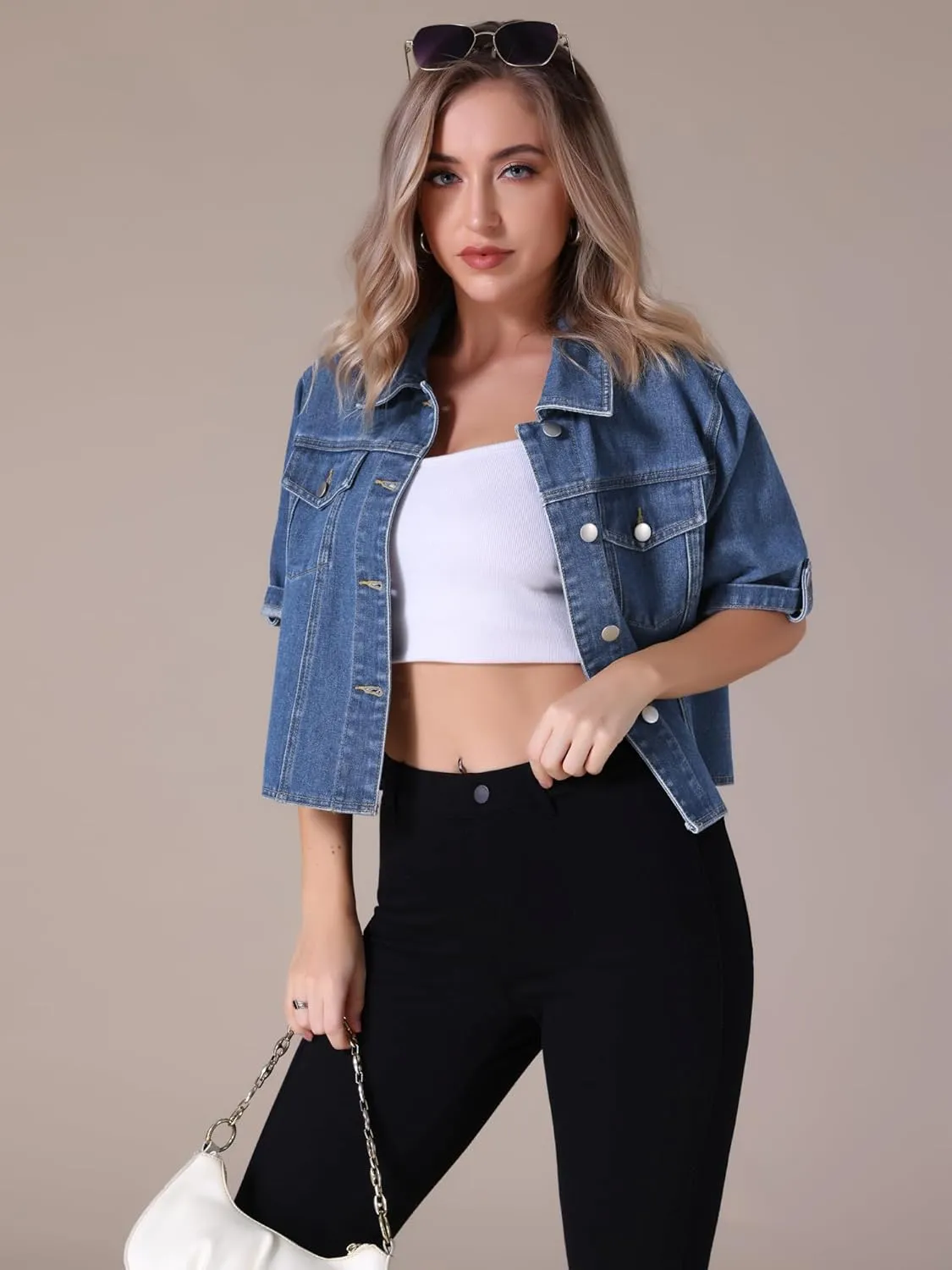 Women's Summer Short Sleeve Denim Jackets Collared Button Up Cropped Jean Jacket
