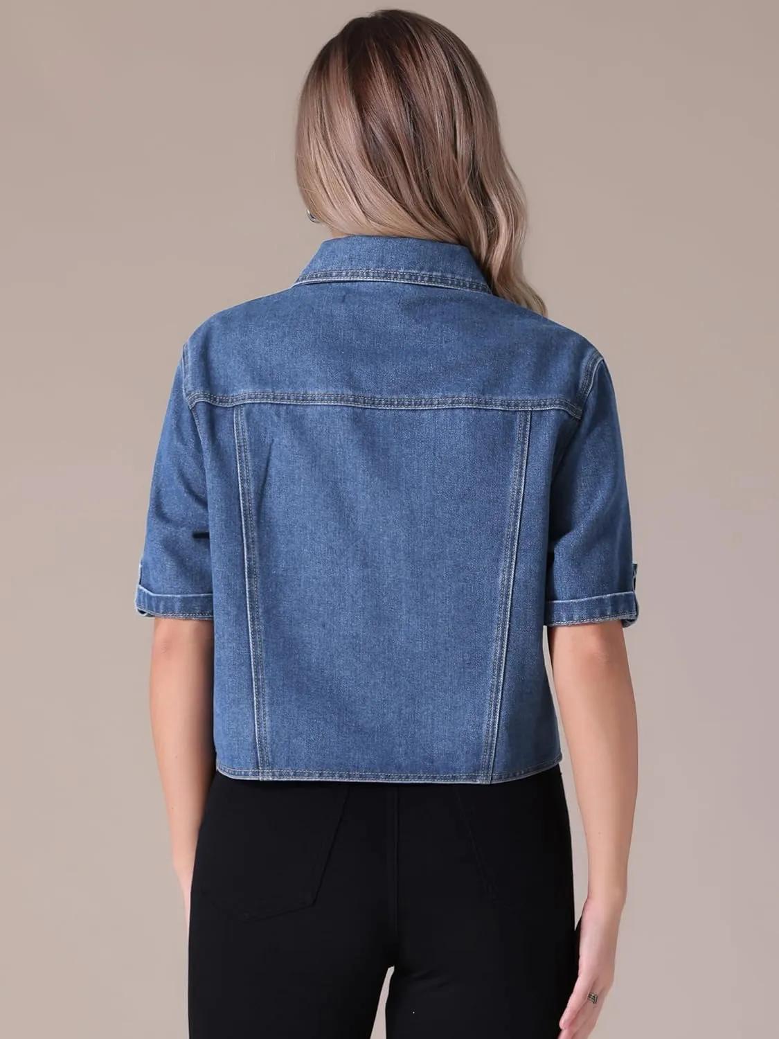 Women's Summer Short Sleeve Denim Jackets Collared Button Up Cropped Jean Jacket