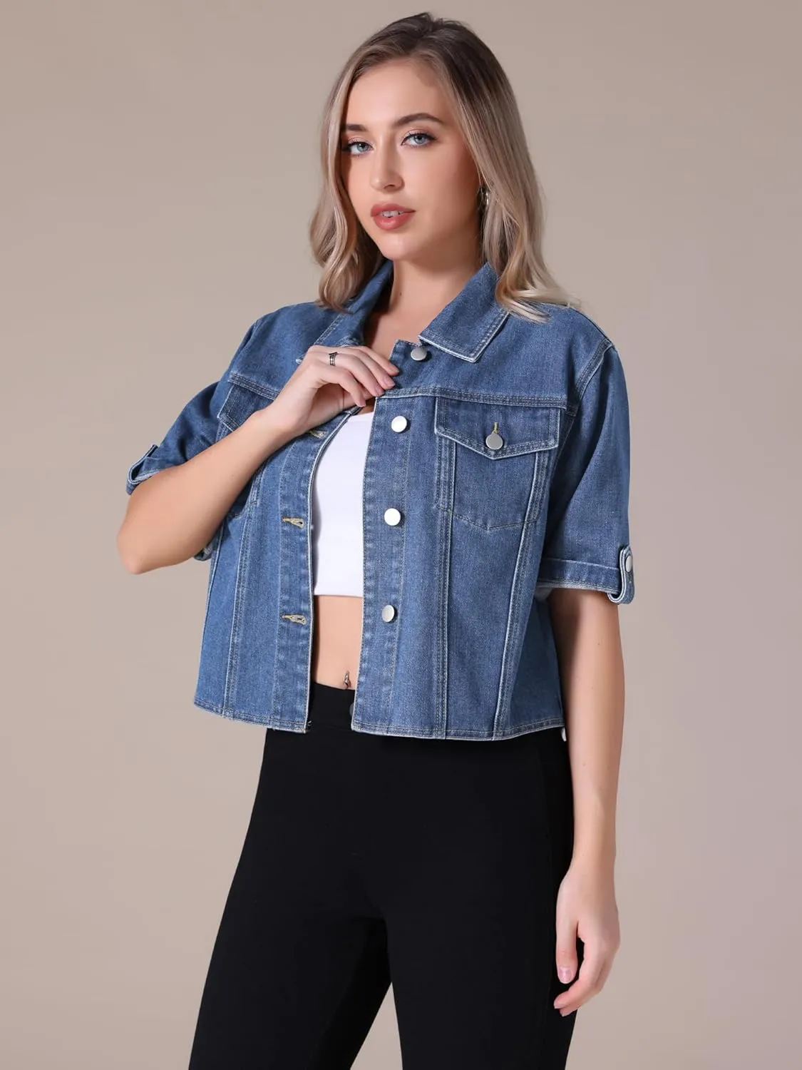Women's Summer Short Sleeve Denim Jackets Collared Button Up Cropped Jean Jacket