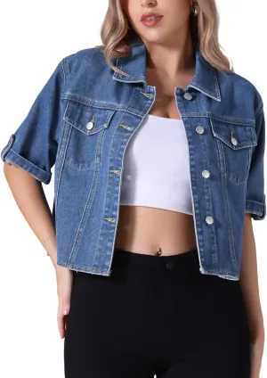 Women's Summer Short Sleeve Denim Jackets Collared Button Up Cropped Jean Jacket