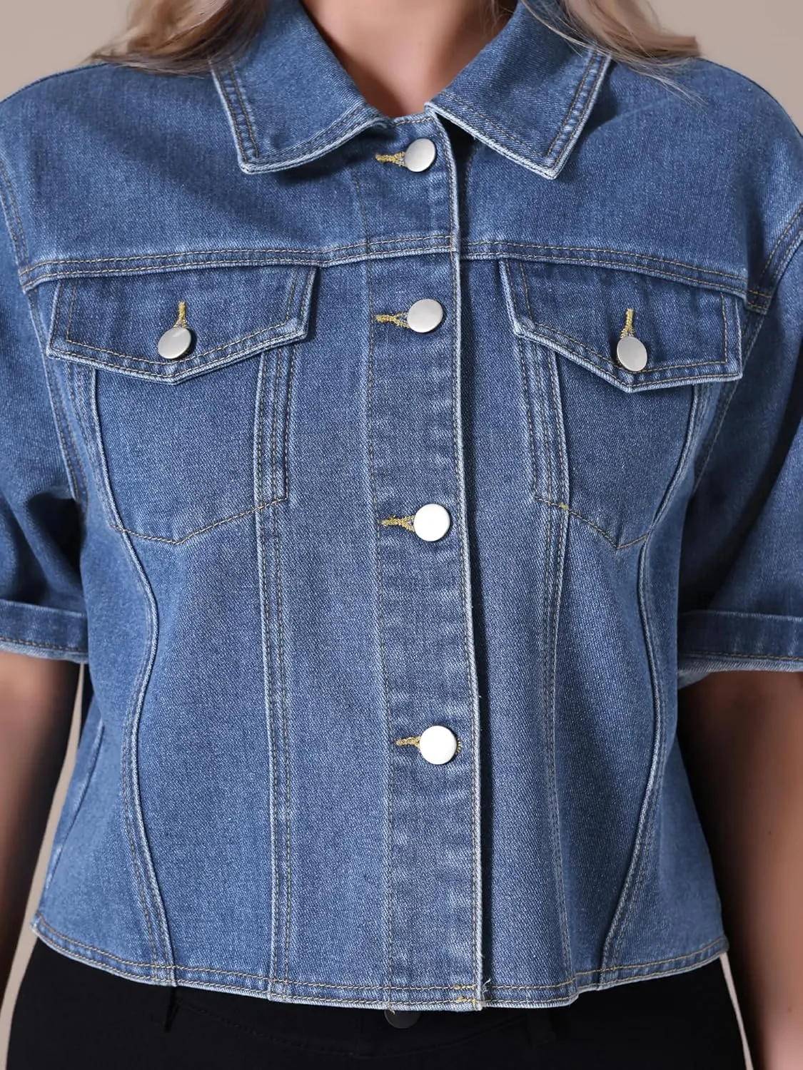 Women's Summer Short Sleeve Denim Jackets Collared Button Up Cropped Jean Jacket