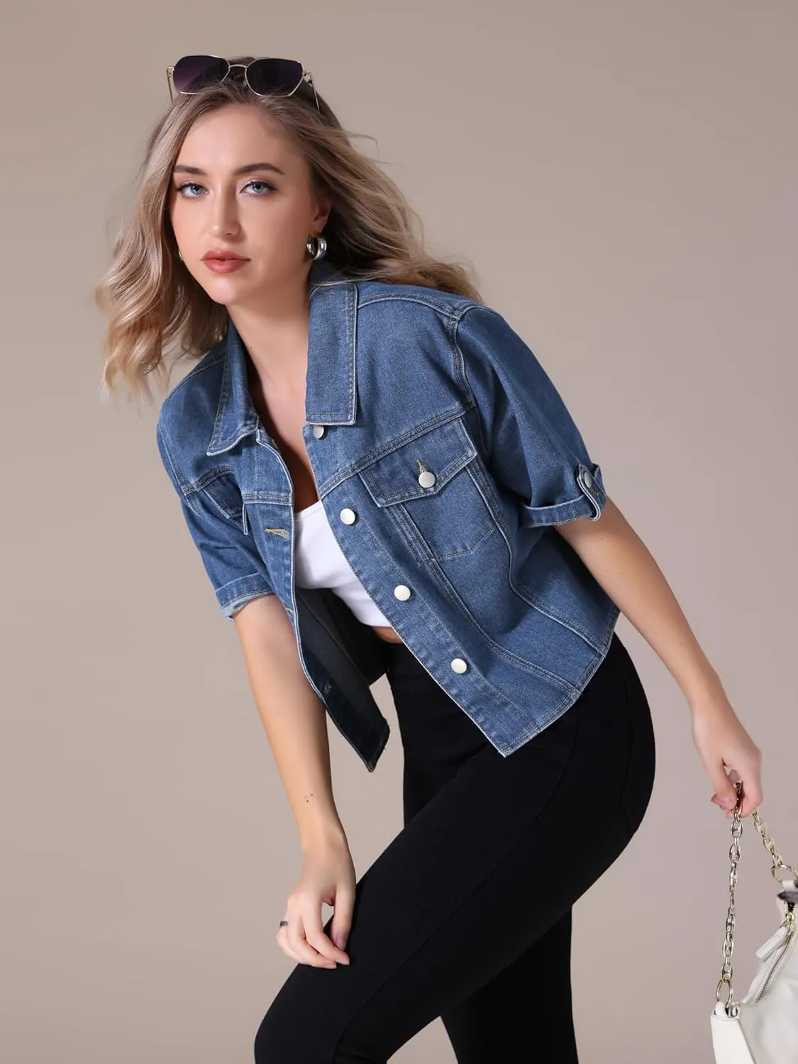 Women's Summer Short Sleeve Denim Jackets Collared Button Up Cropped Jean Jacket