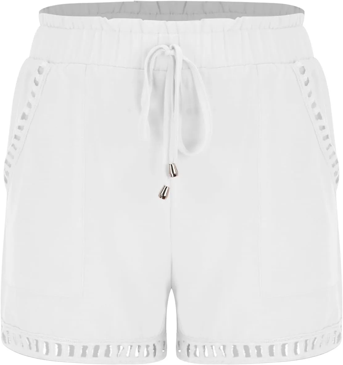 Womens Summer Shorts Cutout Elastic Drawstring Waisted Cotton Linen Casual Pants Solid Lightweight Quick Drying Travel Capris