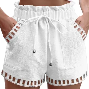 Womens Summer Shorts Cutout Elastic Drawstring Waisted Cotton Linen Casual Pants Solid Lightweight Quick Drying Travel Capris