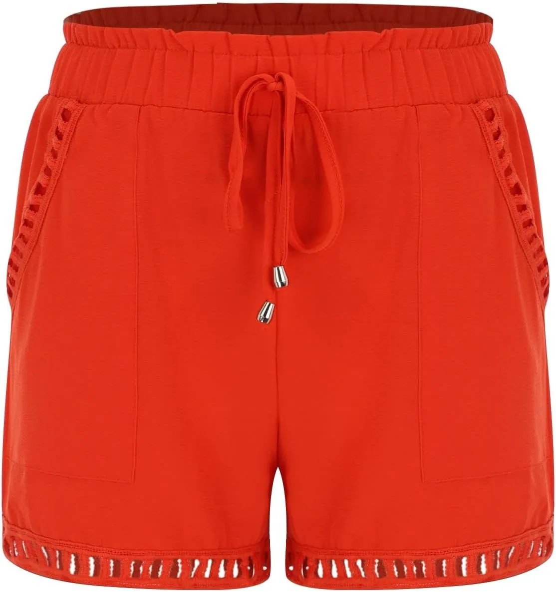 Womens Summer Shorts Cutout Elastic Drawstring Waisted Cotton Linen Casual Pants Solid Lightweight Quick Drying Travel Capris