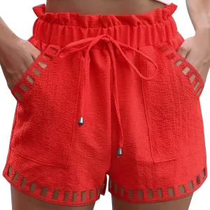 Womens Summer Shorts Cutout Elastic Drawstring Waisted Cotton Linen Casual Pants Solid Lightweight Quick Drying Travel Capris