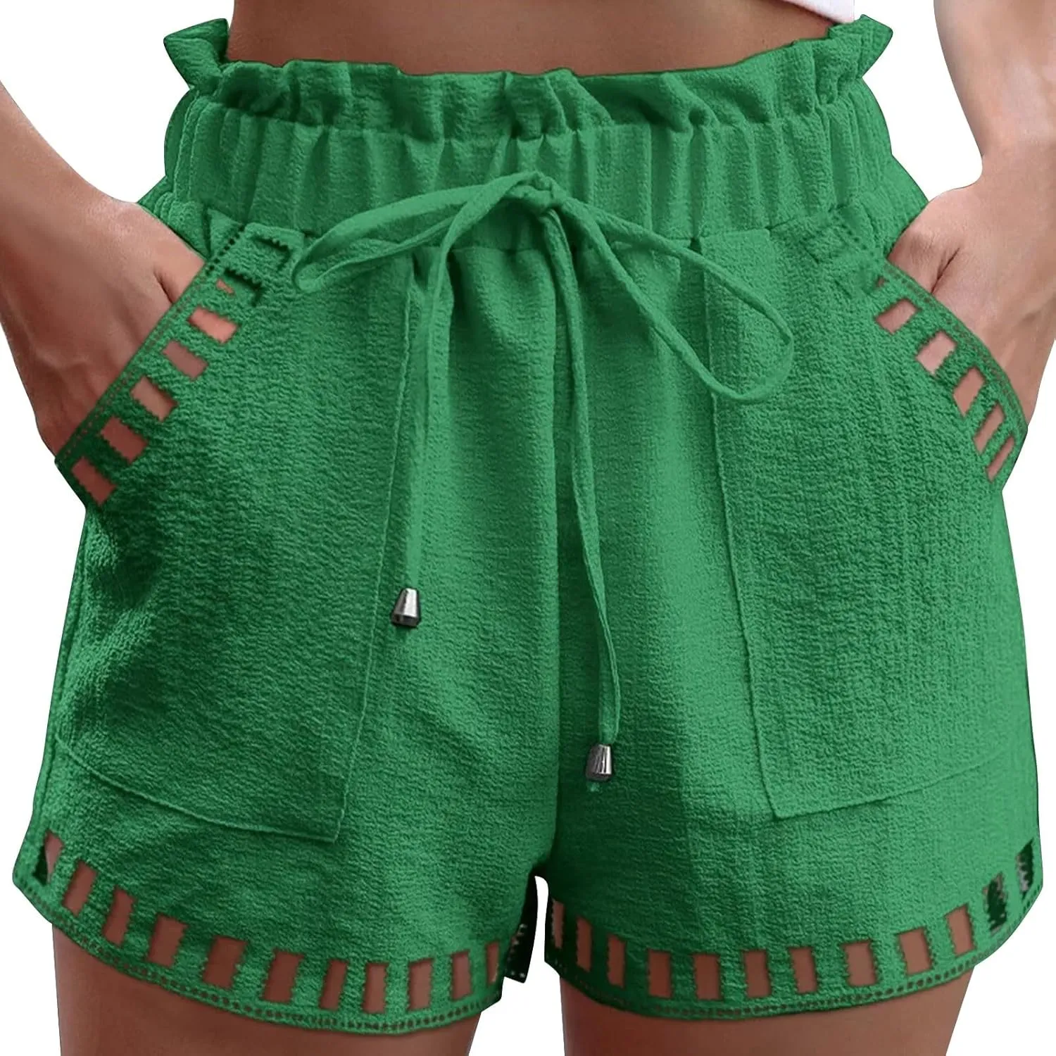 Womens Summer Shorts Cutout Elastic Drawstring Waisted Cotton Linen Casual Pants Solid Lightweight Quick Drying Travel Capris