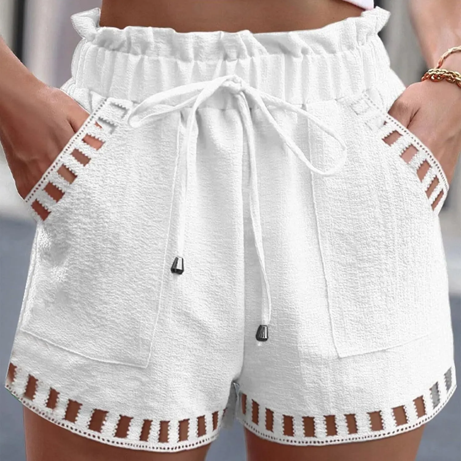 Womens Summer Shorts Cutout Elastic Drawstring Waisted Cotton Linen Casual Pants Solid Lightweight Quick Drying Travel Capris
