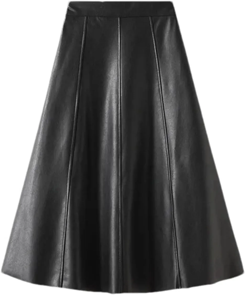 Womens Vintage Leather A-Line Pleated Skirts Fashion High Waist Black Elegant Flare Chic Midi Skirt
