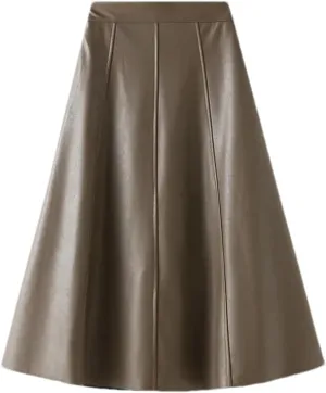 Womens Vintage Leather A-Line Pleated Skirts Fashion High Waist Black Elegant Flare Chic Midi Skirt