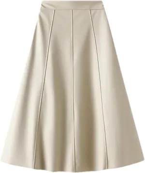 Womens Vintage Leather A-Line Pleated Skirts Fashion High Waist Black Elegant Flare Chic Midi Skirt