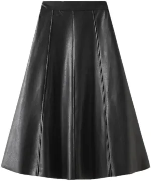 Womens Vintage Leather A-Line Pleated Skirts Fashion High Waist Black Elegant Flare Chic Midi Skirt