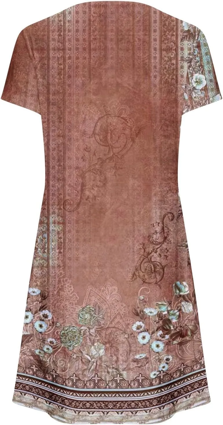 Women's Vintage Printed Boho Dress Round-Neck Short Sleeved Mini Dress Classic Summer Beach Dress Sun Dress