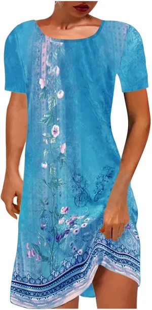 Women's Vintage Printed Boho Dress Round-Neck Short Sleeved Mini Dress Classic Summer Beach Dress Sun Dress