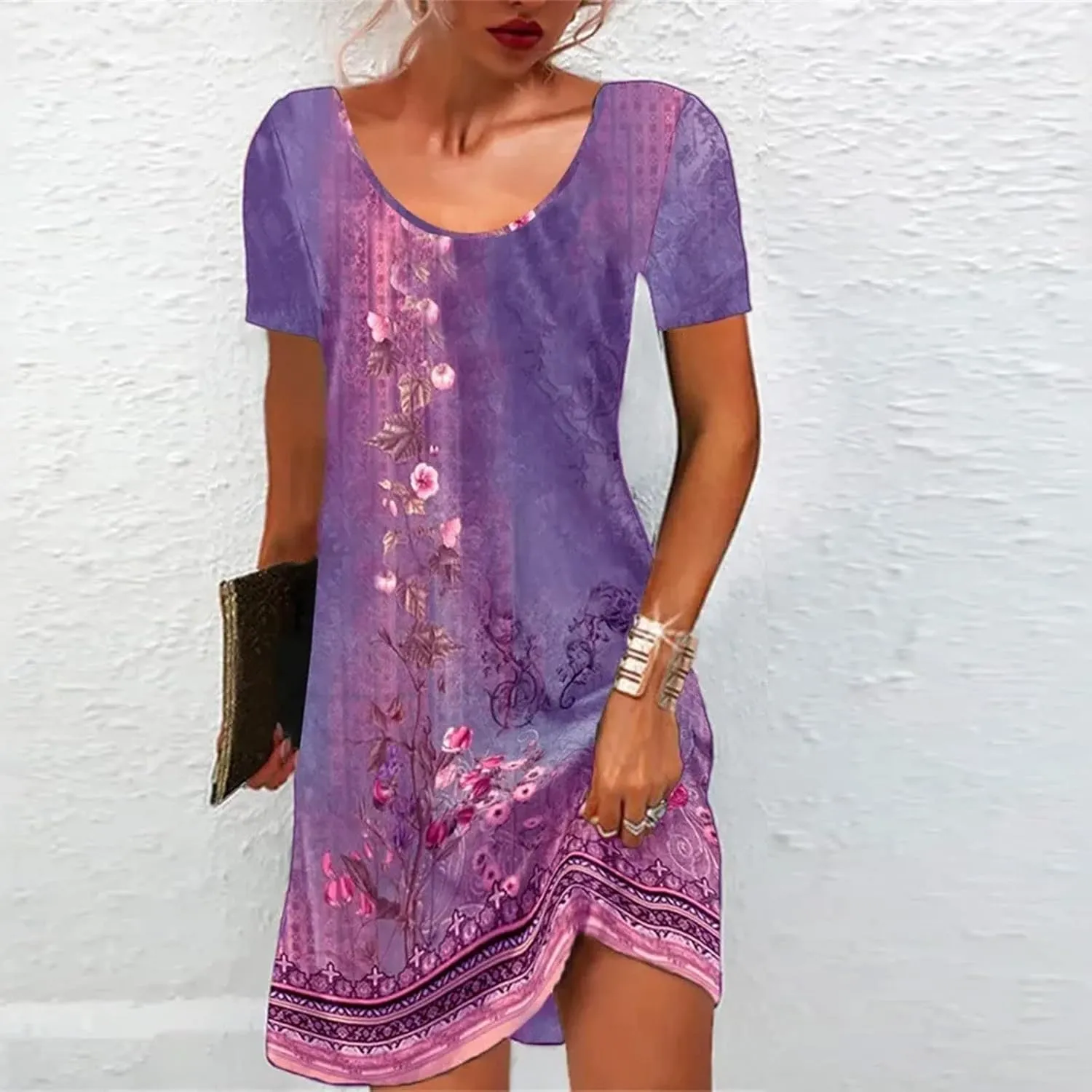 Women's Vintage Printed Boho Dress Round-Neck Short Sleeved Mini Dress Classic Summer Beach Dress Sun Dress