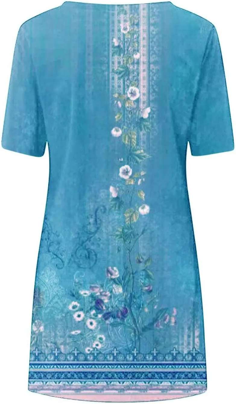 Women's Vintage Printed Boho Dress Round-Neck Short Sleeved Mini Dress Classic Summer Beach Dress Sun Dress