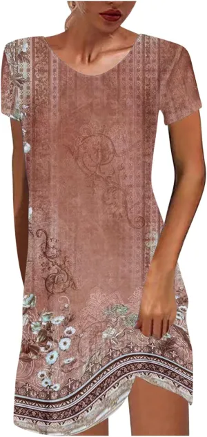 Women's Vintage Printed Boho Dress Round-Neck Short Sleeved Mini Dress Classic Summer Beach Dress Sun Dress