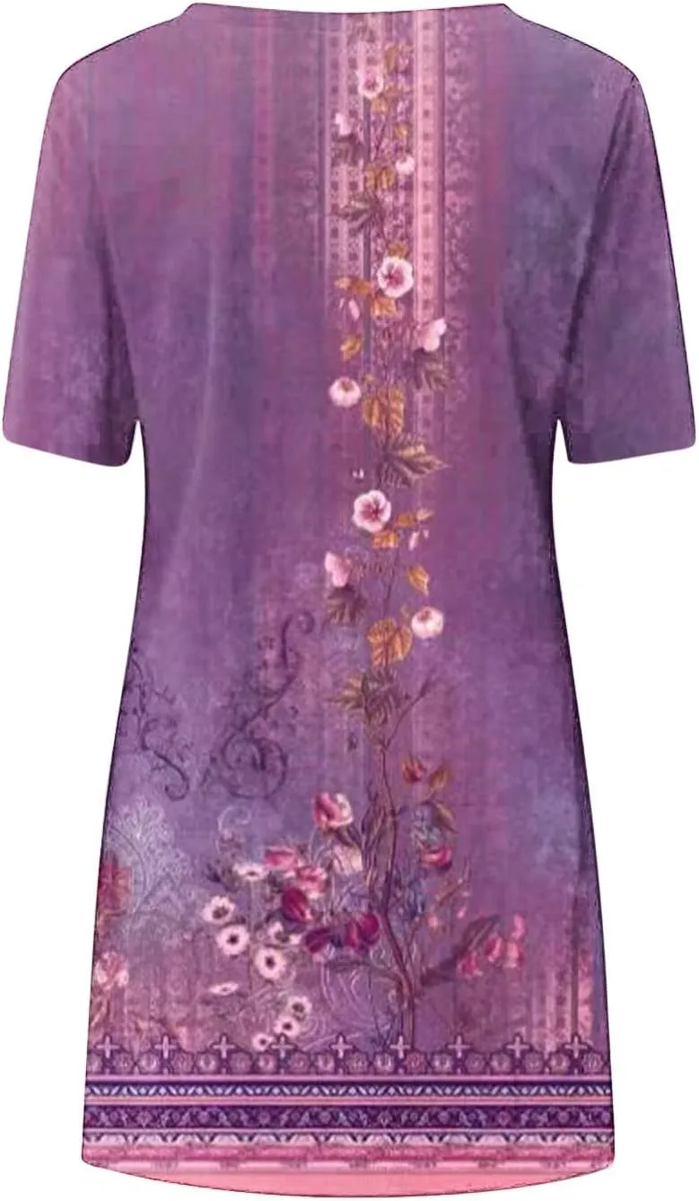 Women's Vintage Printed Boho Dress Round-Neck Short Sleeved Mini Dress Classic Summer Beach Dress Sun Dress