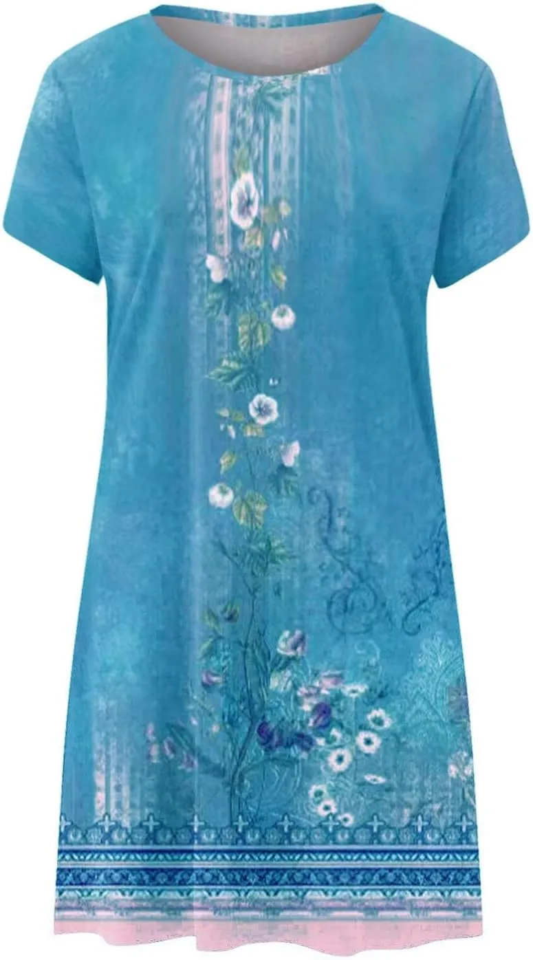 Women's Vintage Printed Boho Dress Round-Neck Short Sleeved Mini Dress Classic Summer Beach Dress Sun Dress