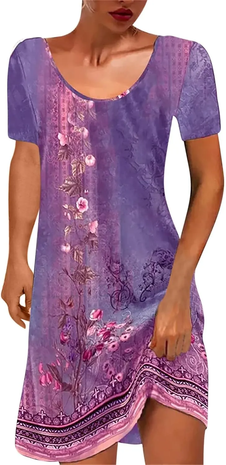 Women's Vintage Printed Boho Dress Round-Neck Short Sleeved Mini Dress Classic Summer Beach Dress Sun Dress