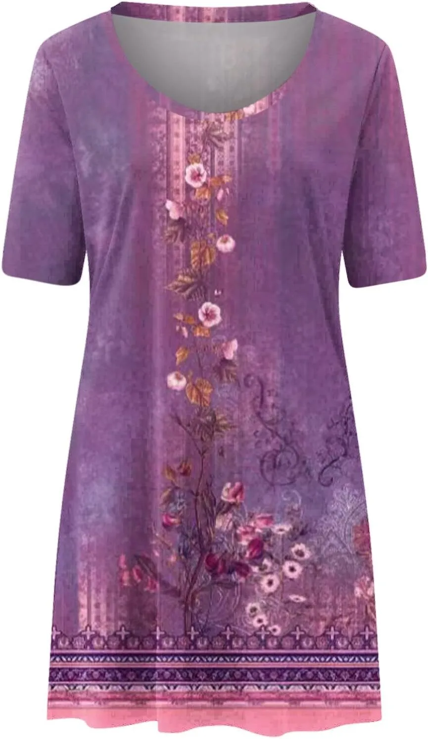 Women's Vintage Printed Boho Dress Round-Neck Short Sleeved Mini Dress Classic Summer Beach Dress Sun Dress