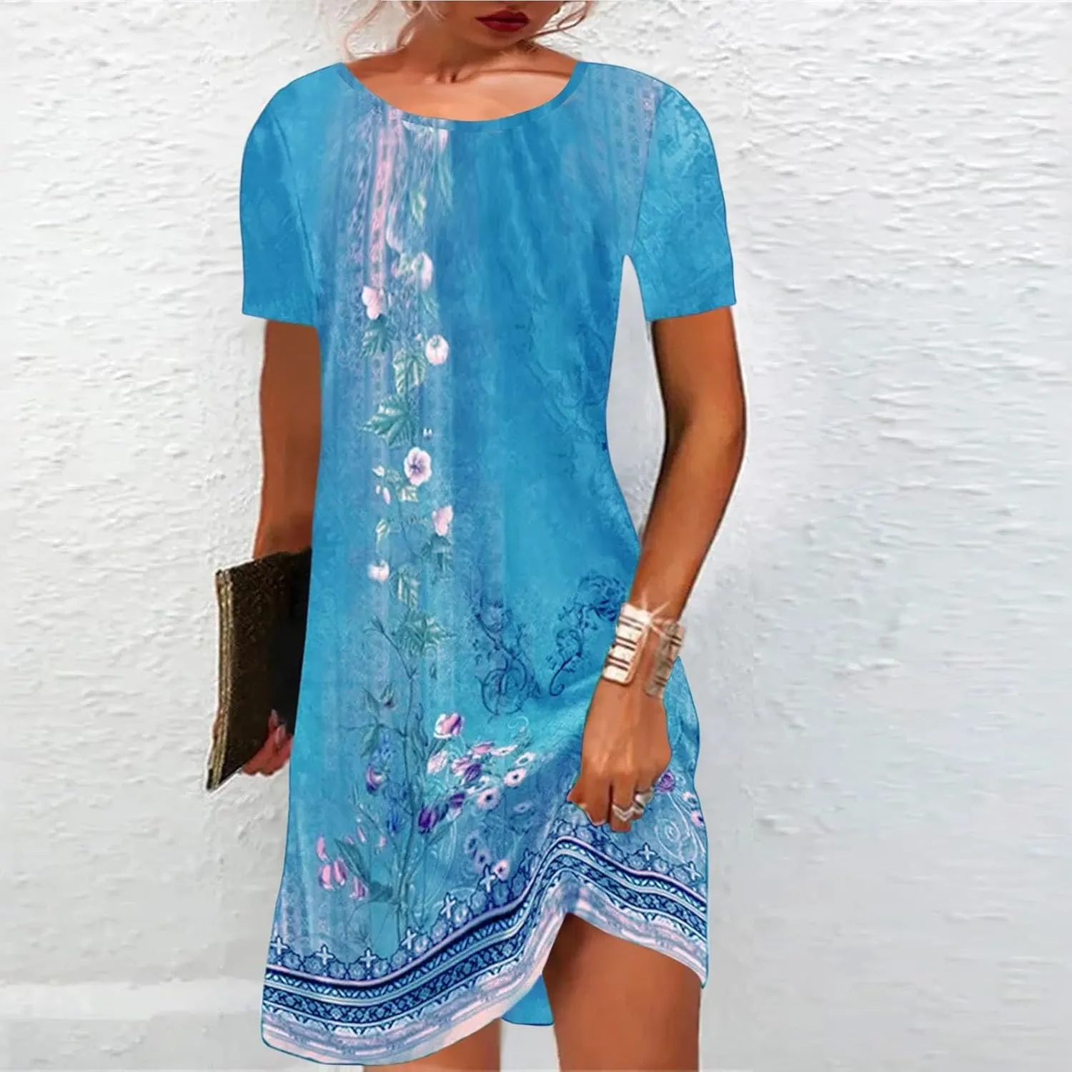 Women's Vintage Printed Boho Dress Round-Neck Short Sleeved Mini Dress Classic Summer Beach Dress Sun Dress
