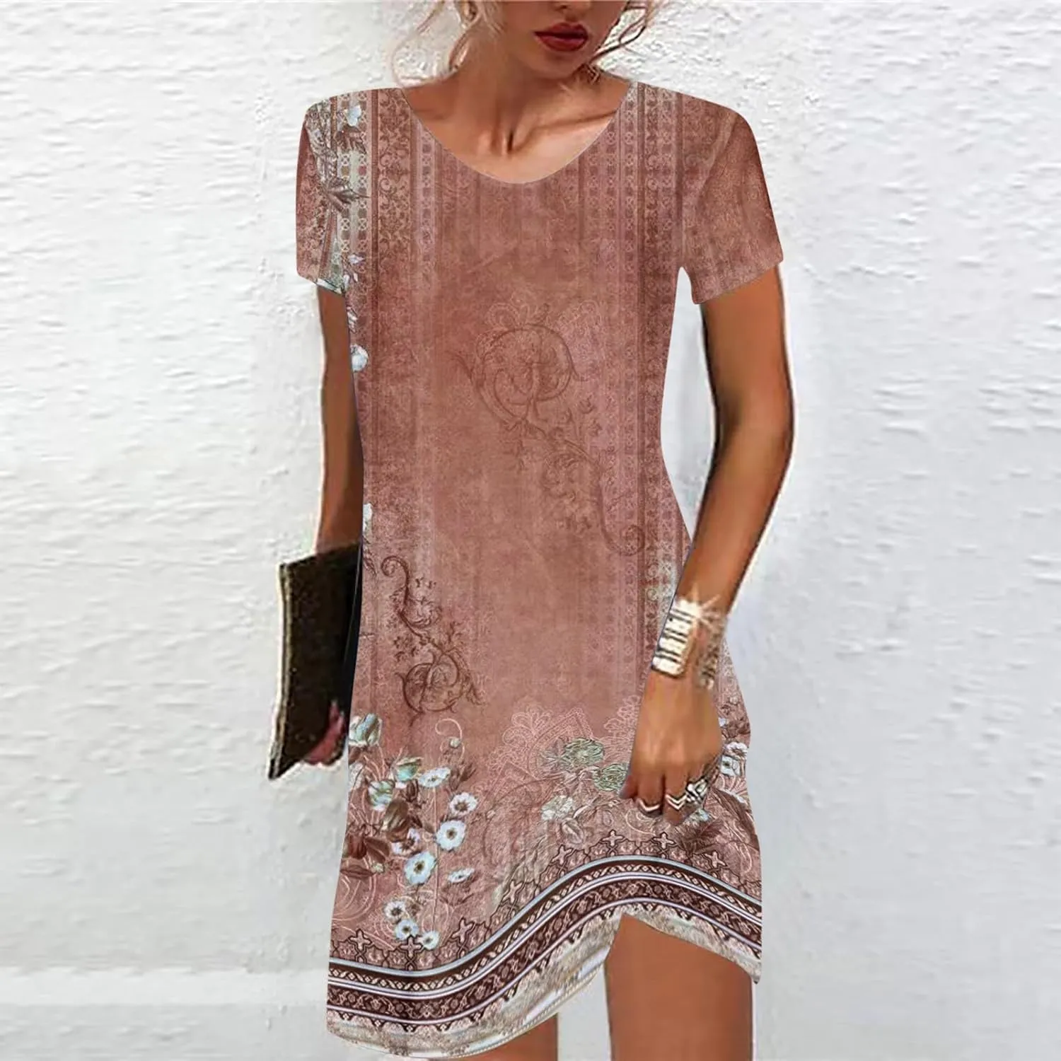 Women's Vintage Printed Boho Dress Round-Neck Short Sleeved Mini Dress Classic Summer Beach Dress Sun Dress