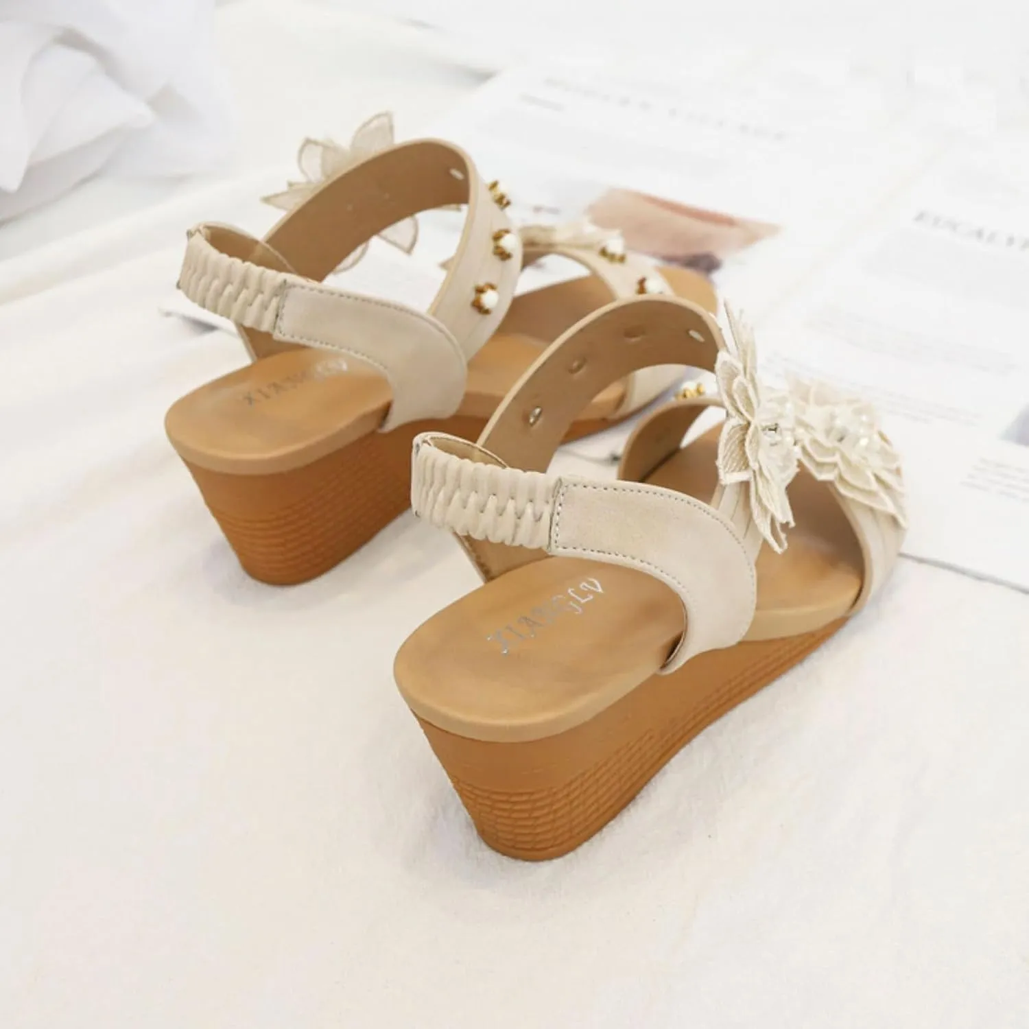 Womens Wedge Sandals Elastic Ankle Straps Open Toe Elegant Thick Soles Comfortable Platform Strap Casual Dressy Low Bohemian Flower Wedges Shoes Summer Low Heels
