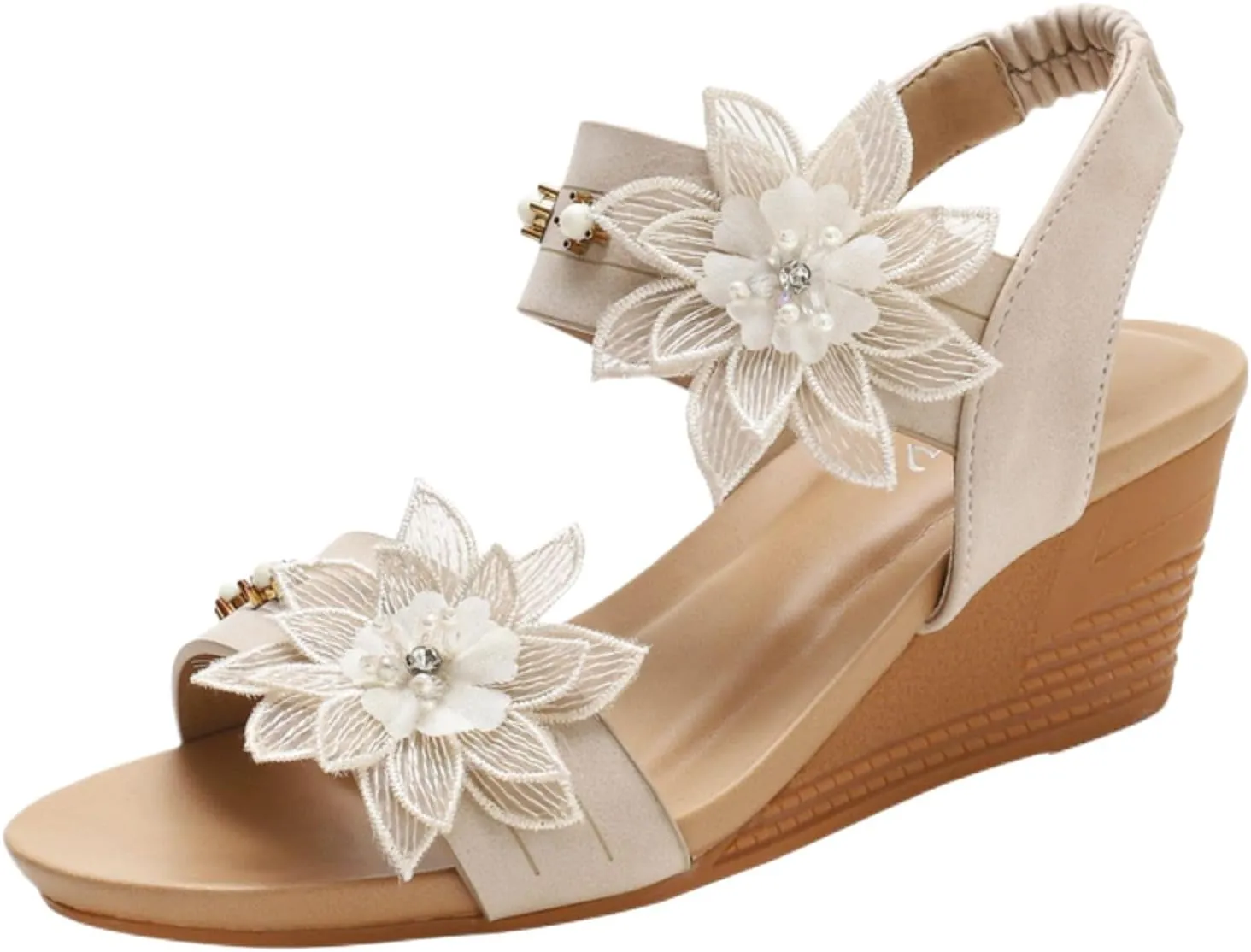 Womens Wedge Sandals Elastic Ankle Straps Open Toe Elegant Thick Soles Comfortable Platform Strap Casual Dressy Low Bohemian Flower Wedges Shoes Summer Low Heels