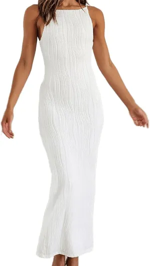 Women's White Summer Backless Party Dress: Strap Pencil Maxi Skirt Solid Vintage Round Neck Pleated Dresses