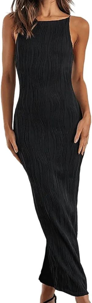 Women's White Summer Backless Party Dress: Strap Pencil Maxi Skirt Solid Vintage Round Neck Pleated Dresses