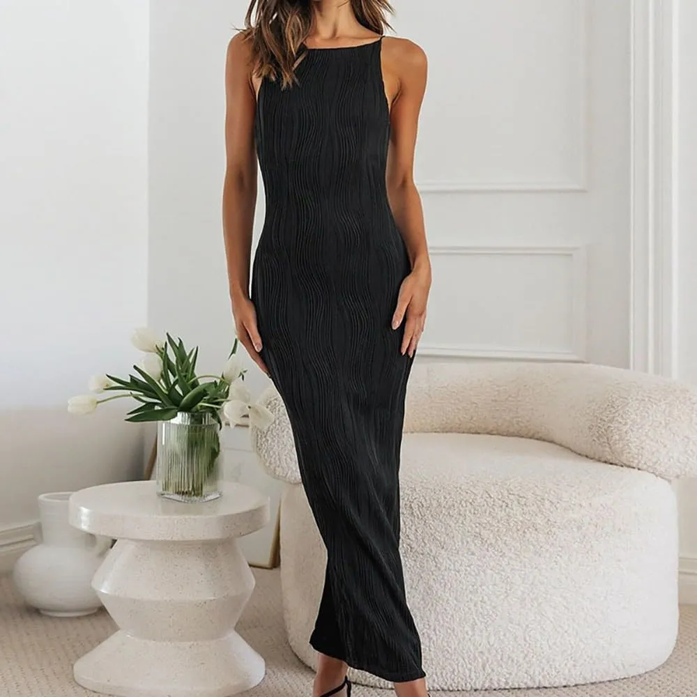Women's White Summer Backless Party Dress: Strap Pencil Maxi Skirt Solid Vintage Round Neck Pleated Dresses
