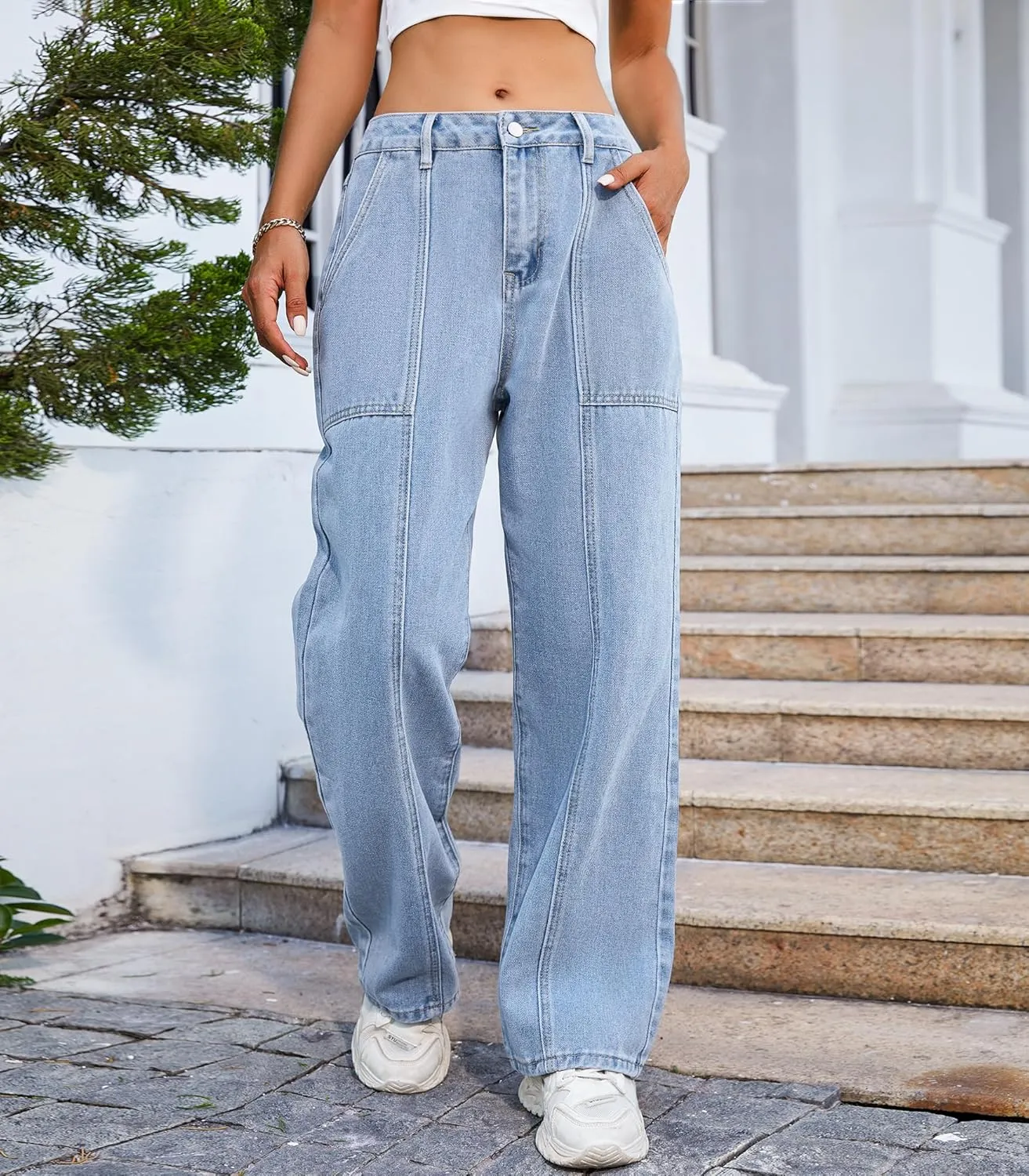 Womens Wide Leg Jeans High Waisted Seamed Baggy Demin Pants Casual Jean Pants with Pockets Trouser Jeans