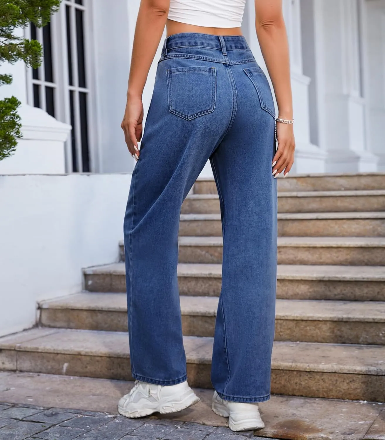 Womens Wide Leg Jeans High Waisted Seamed Baggy Demin Pants Casual Jean Pants with Pockets Trouser Jeans