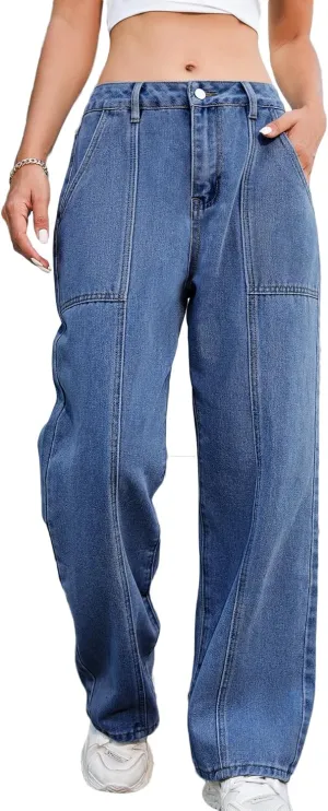 Womens Wide Leg Jeans High Waisted Seamed Baggy Demin Pants Casual Jean Pants with Pockets Trouser Jeans