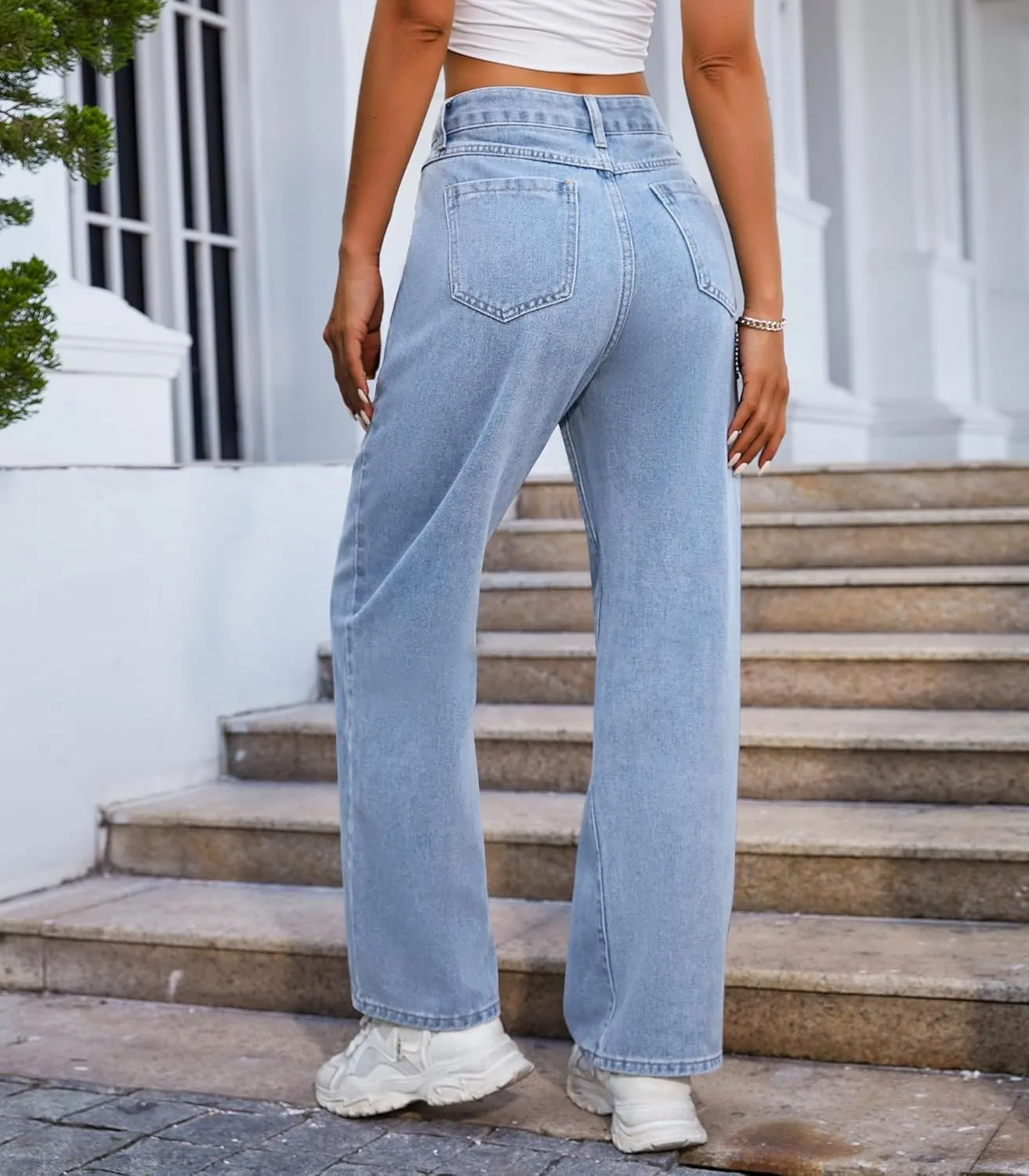 Womens Wide Leg Jeans High Waisted Seamed Baggy Demin Pants Casual Jean Pants with Pockets Trouser Jeans