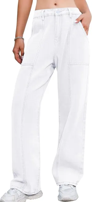 Womens Wide Leg Jeans High Waisted Seamed Baggy Demin Pants Casual Jean Pants with Pockets Trouser Jeans