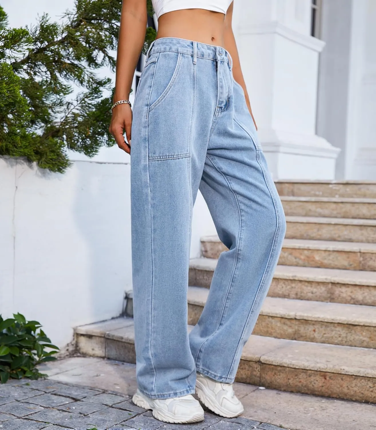 Womens Wide Leg Jeans High Waisted Seamed Baggy Demin Pants Casual Jean Pants with Pockets Trouser Jeans